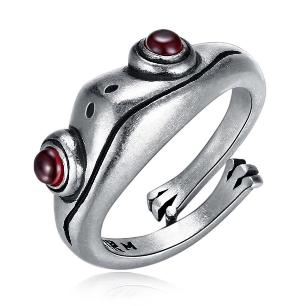 Adorable Frog Open cuff ring w Garnet eyes & frog legs Heavy 925 Sterling Silver